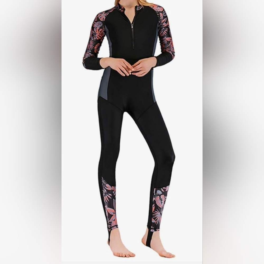 Elegant Black and Pink Floral Women's One Piece Rash Guard Size 2X
